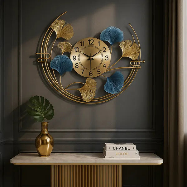 Gold And Blue Luxury Ginkgo Leaf Wall Clock & Metal Art Decor