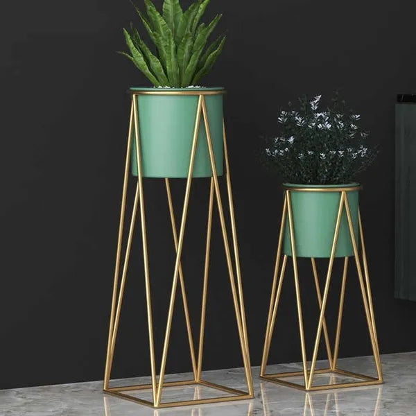 Banjara Decor Gold And Green Modern Minimalist Metal Plant Stand With Ceramic Pot