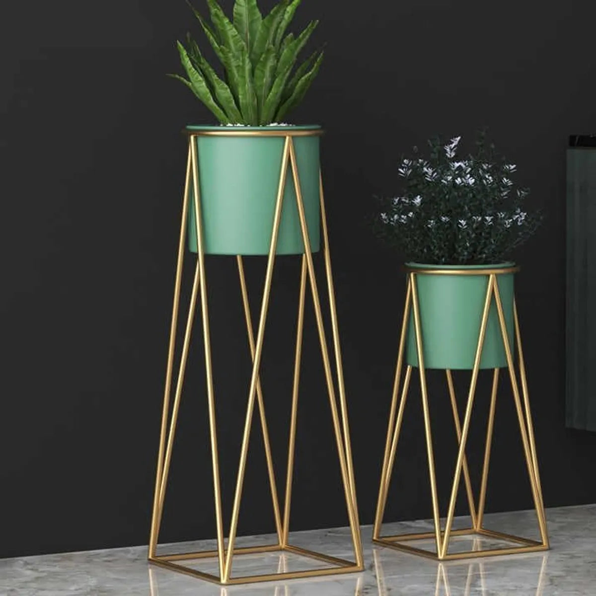 Banjara Decor Gold And Green Modern Minimalist Metal Plant Stand With Ceramic Pot