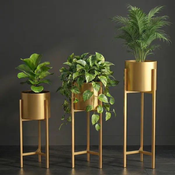 Gold Tone Metal Plant Stands With Cylindrical Planters