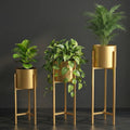 Gold Tone Metal Plant Stands With Cylindrical Planters