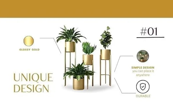Gold Tone Metal Plant Stands With Cylindrical Planters