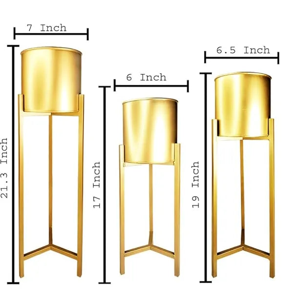 Gold Tone Metal Plant Stands With Cylindrical Planters